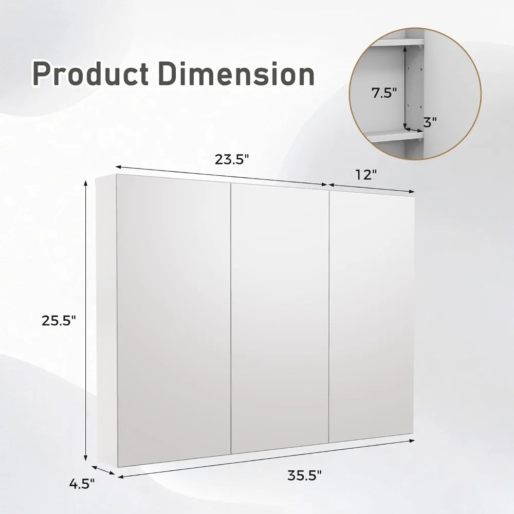 Medicine Cabinet With Three Mirrored Doors And Adjustable Shelves