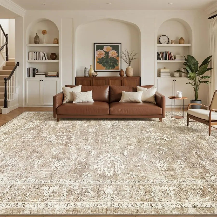 Machine Washable Vintage Natural Area Rug With Non Slip Backing