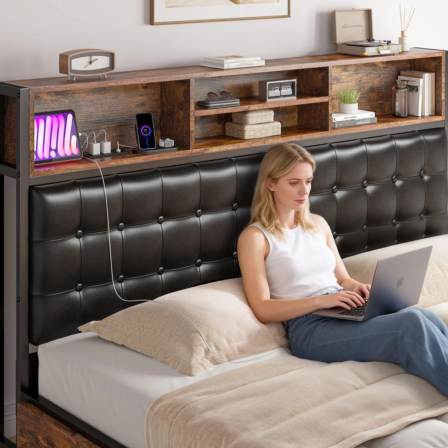 EnHomee Bed Frame With Upholstered Headboard Storage Drawers Charging Station
