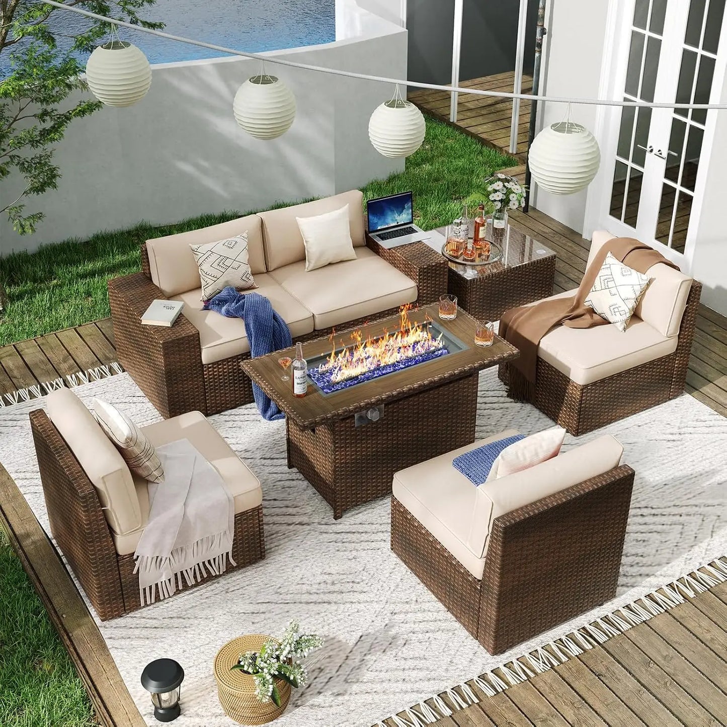 7 Piece Outdoor Patio Furniture Set With Fire Pit Table And Cushions