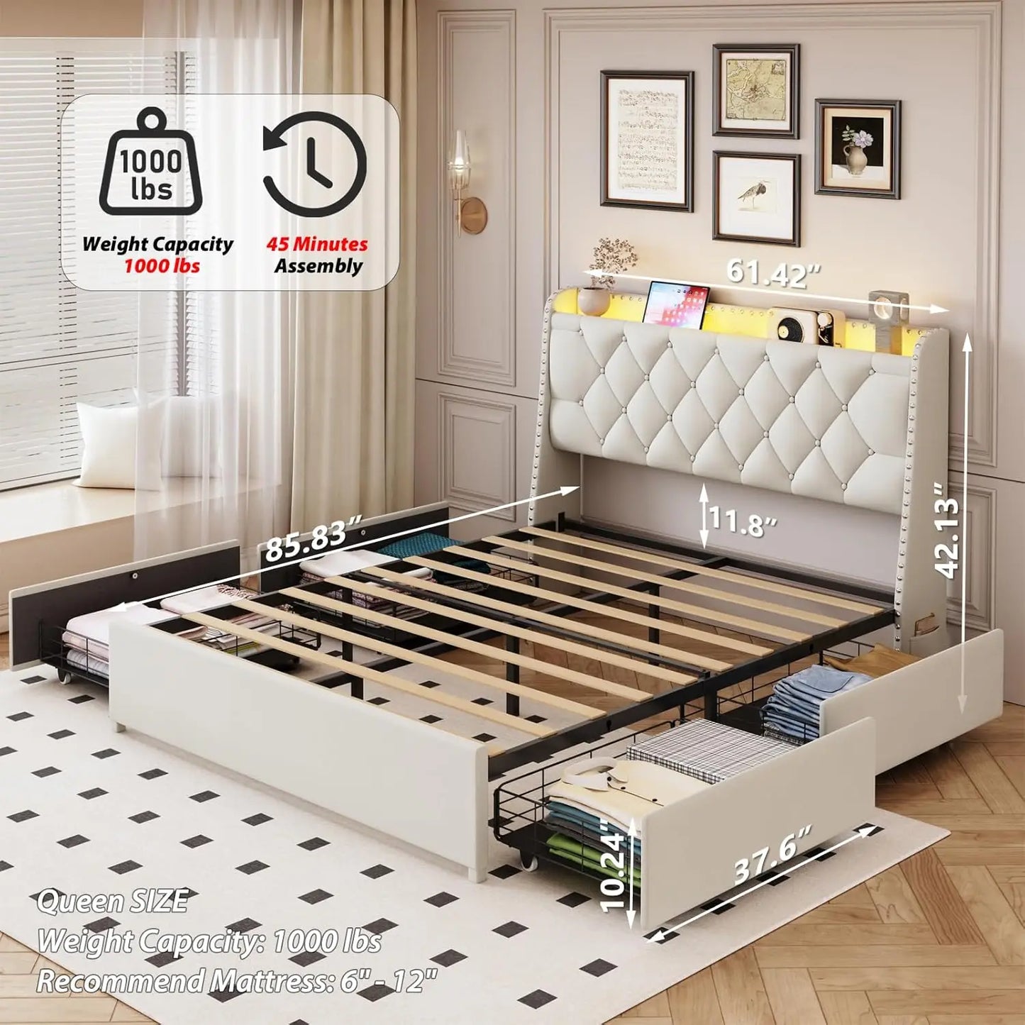 Queen Bed Frame With Storage Headboard LED USB Charging