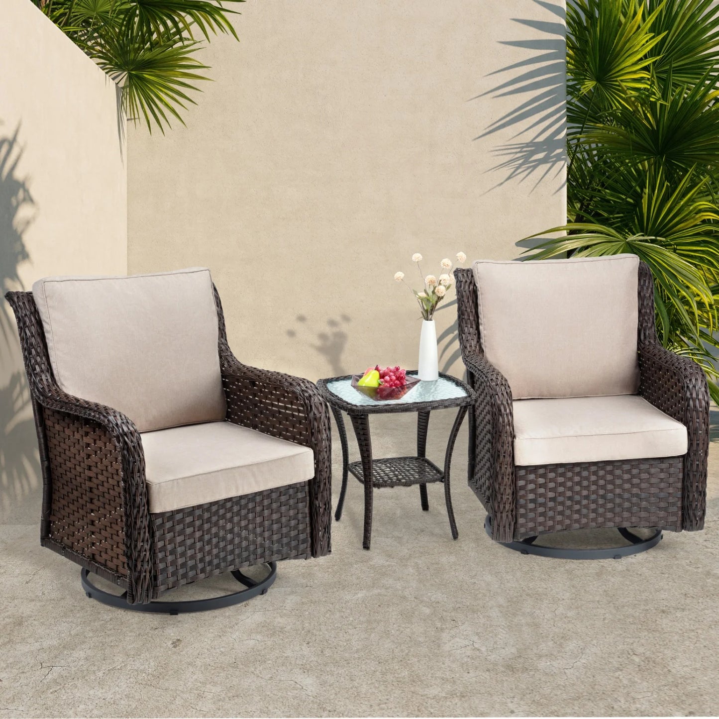 HiMISS Outdoor Wicker Swivel Rocker Patio Set With Cushions