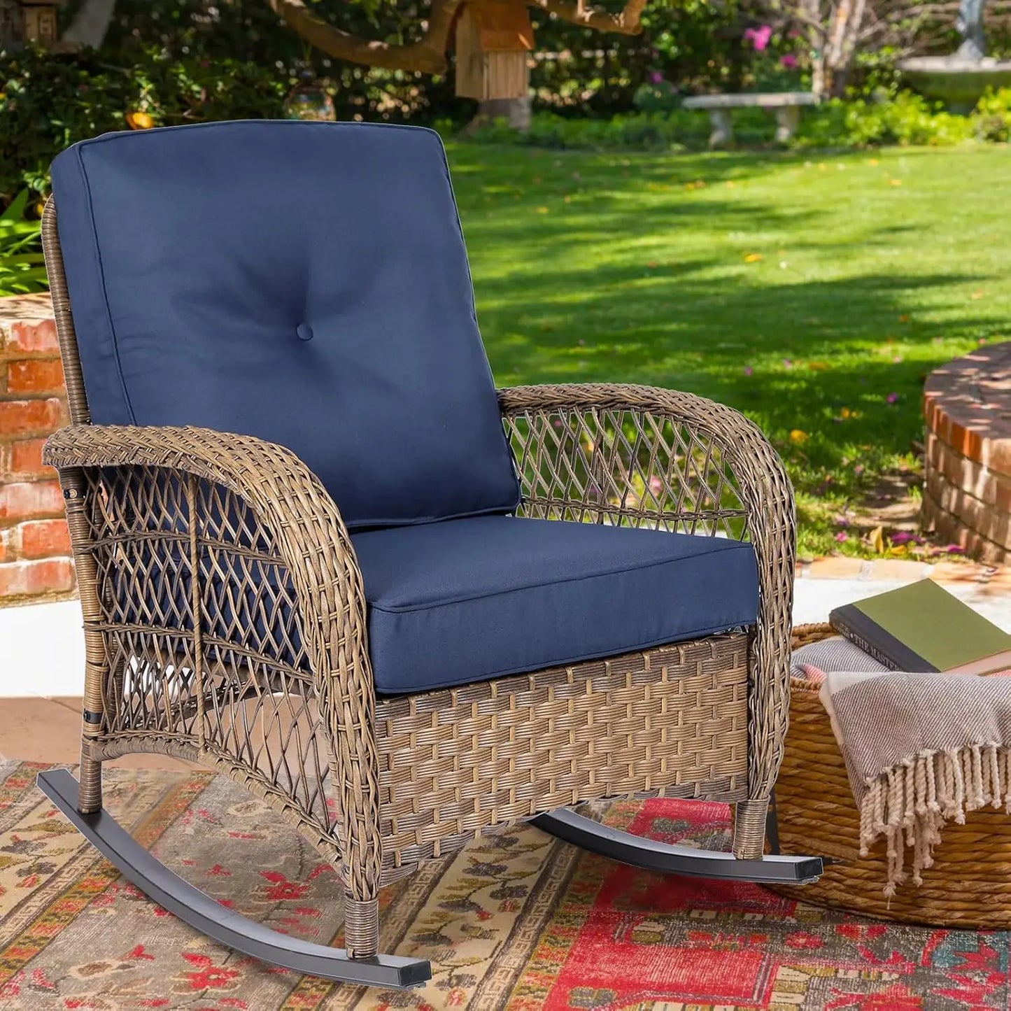 All-Weather Wicker Rocking Chair High Back For Garden Porch