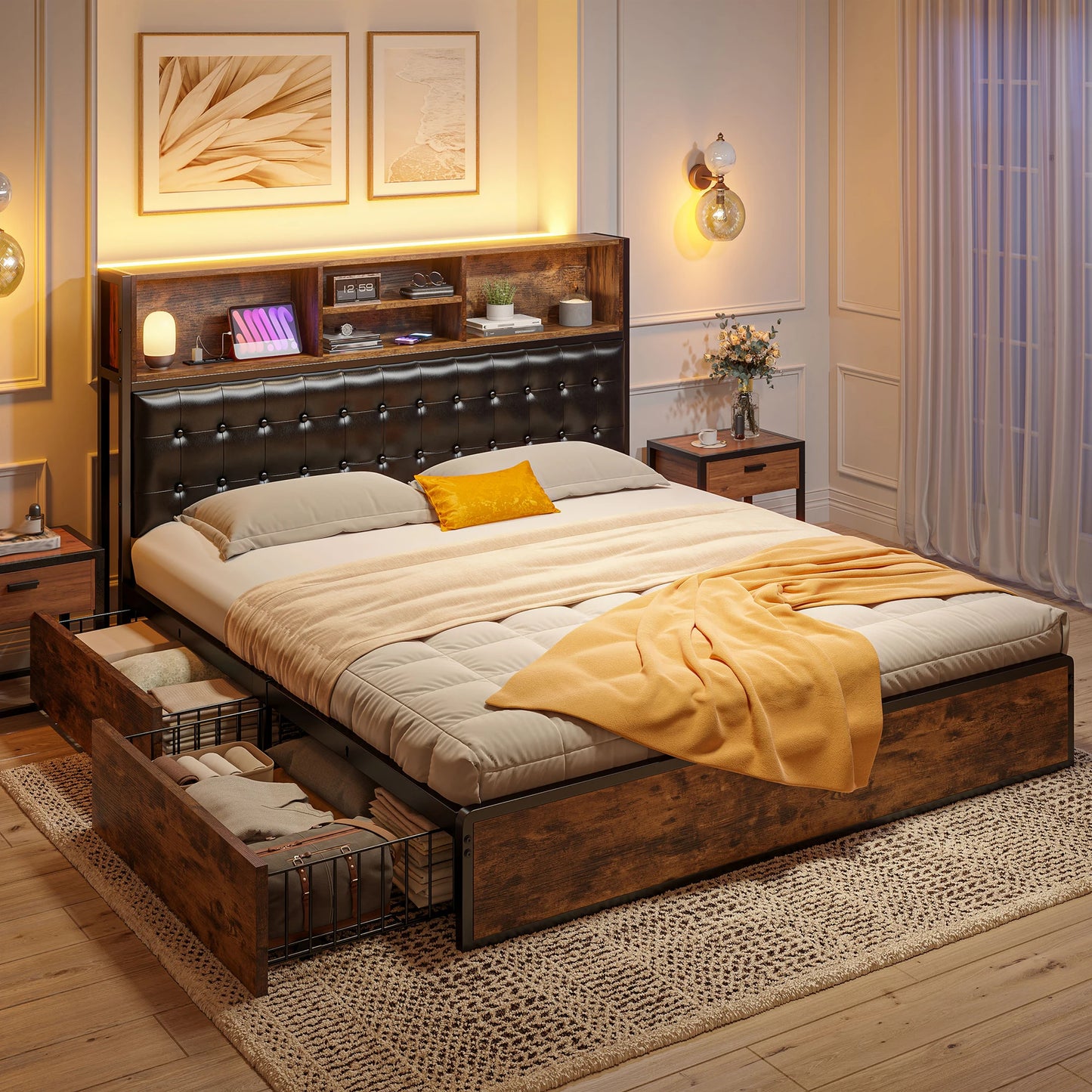 EnHomee Bed Frame With Upholstered Headboard Storage Drawers Charging Station