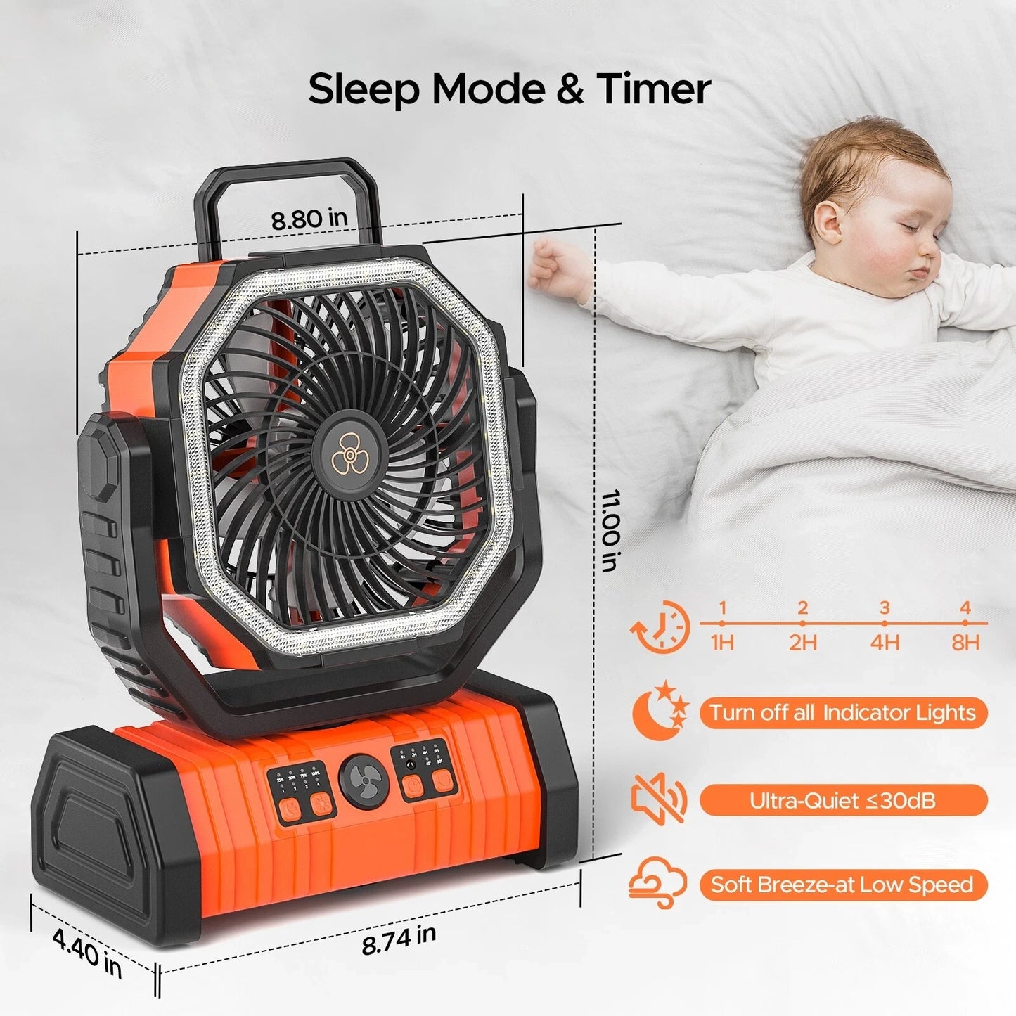 Camping Fan 20000mAh Rechargeable Battery Powered With LED Light