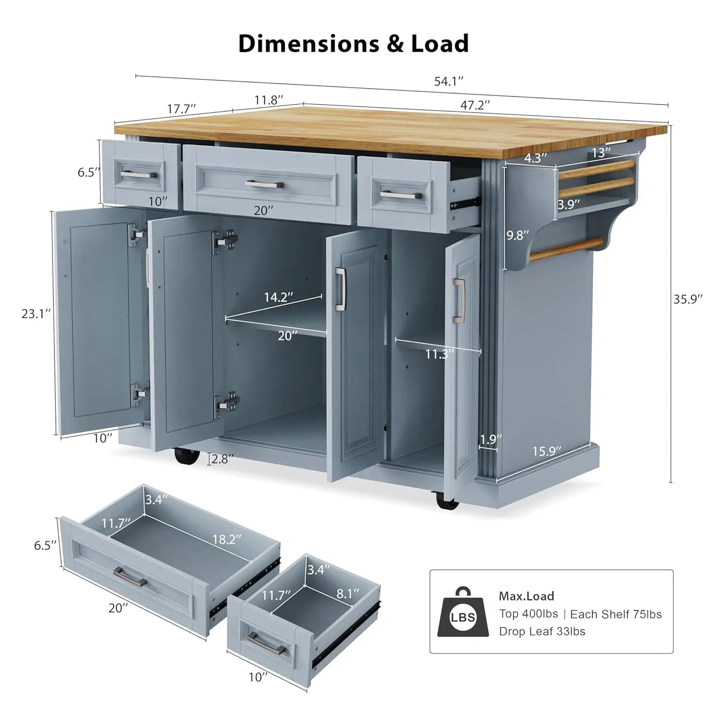 Rolling Kitchen Island With Drop Leaf And Mobile Storage Cart