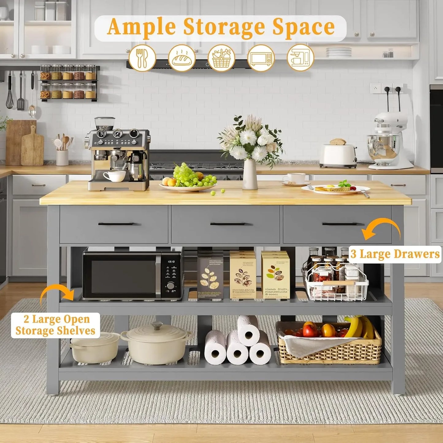 Solid Rubberwood Kitchen Island With Power Outlets And Storage Drawers