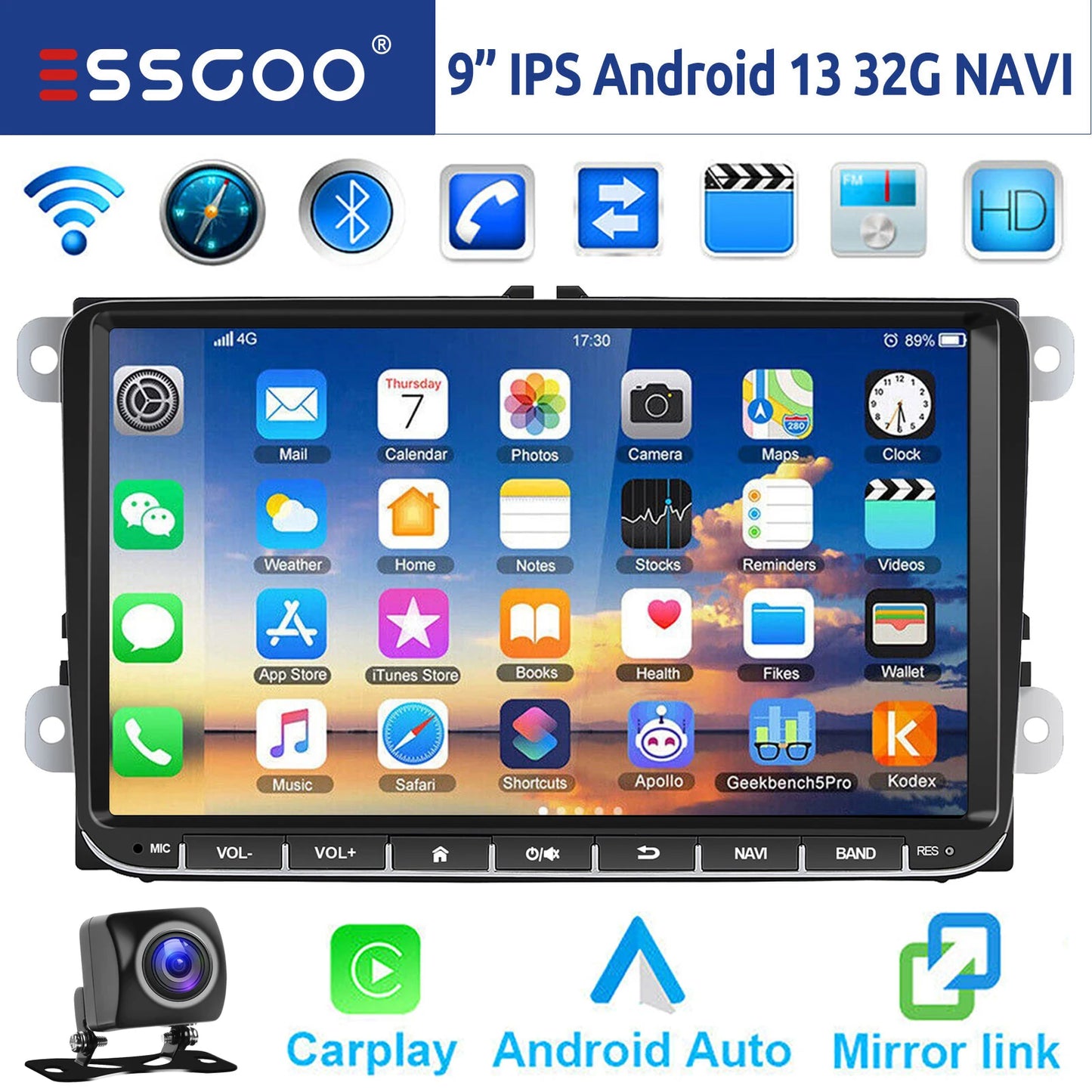 ESSGOO 9 Inch Android Car Stereo with CarPlay GPS Bluetooth for VW