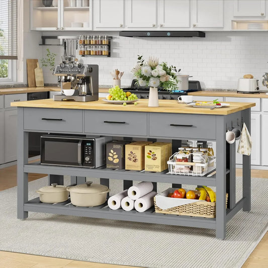 Solid Rubberwood Kitchen Island With Power Outlets And Storage Drawers