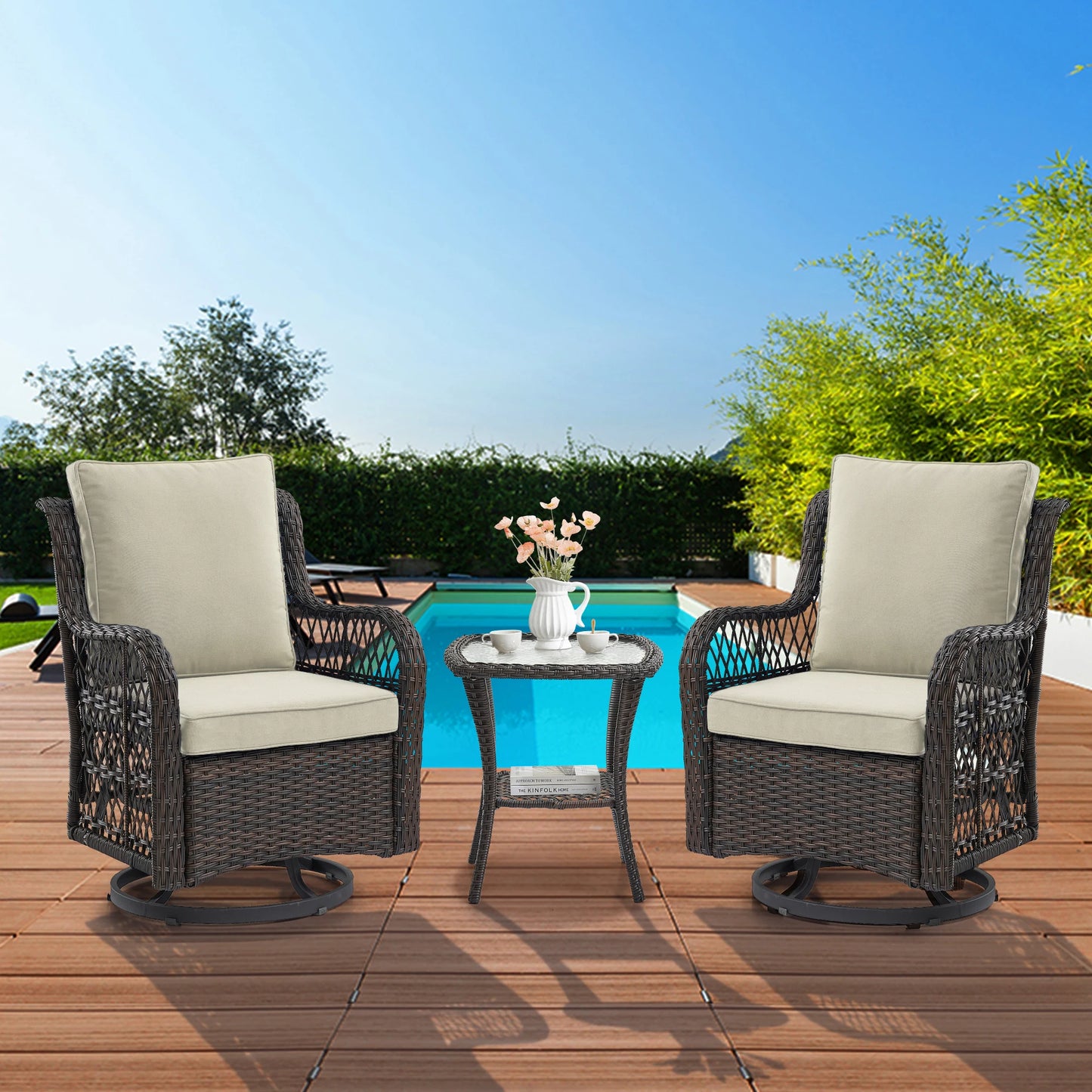 HobbyLane Outdoor Wicker Swivel Chairs Set With Rattan Side Table