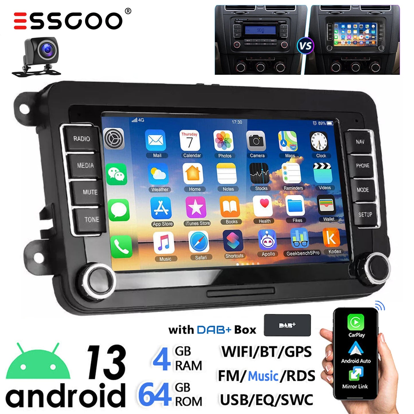 ESSGOO Android 14 Car Stereo with CarPlay for VW Golf