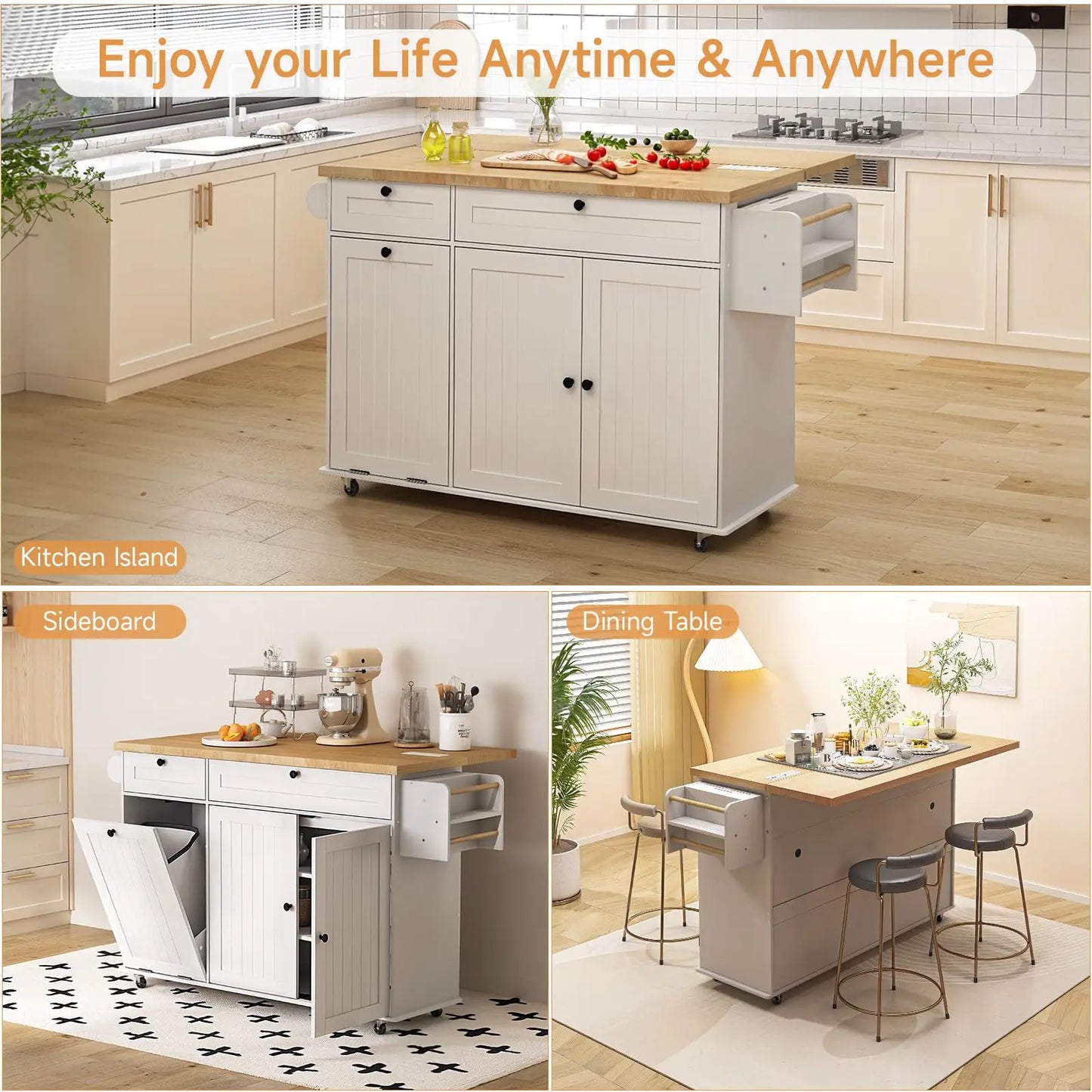 ONBRILL Mobile Kitchen Island With Power Outlet Drop Leaf Spice Rack