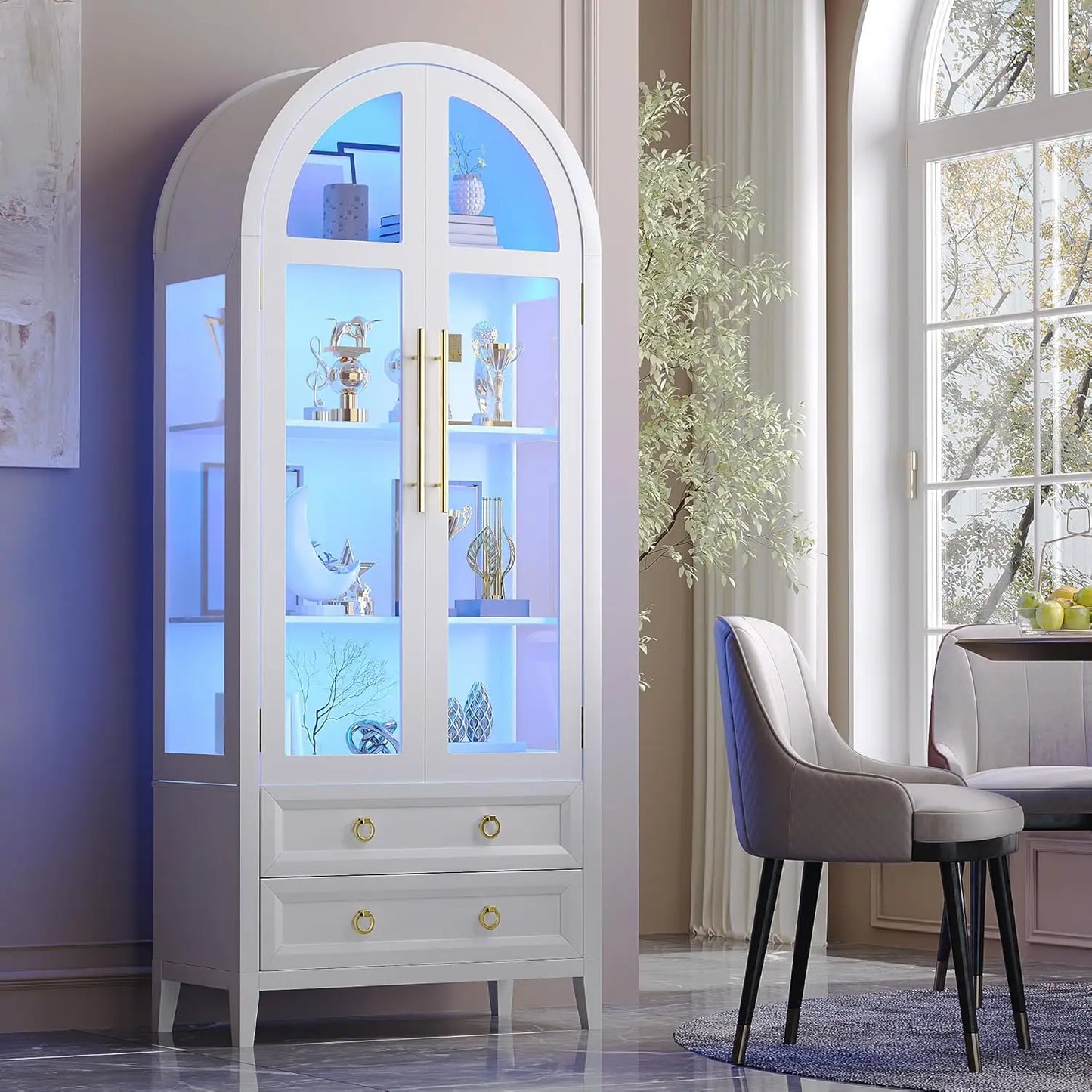 Arched RGB Curio Cabinet With Glass Doors And Drawers