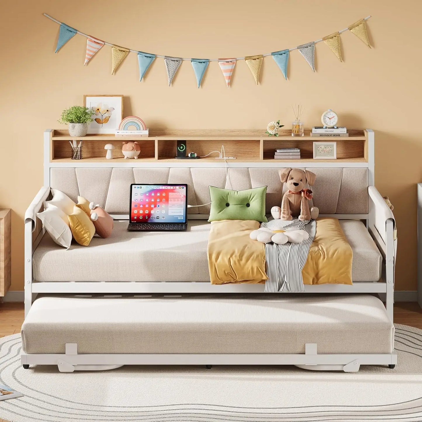 LIKIMIO Daybed With Trundle Bed Upholstered Headboard And Charge Station