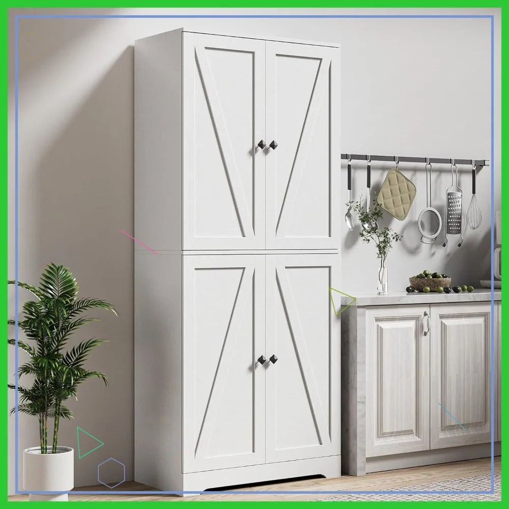 Farmhouse Kitchen Pantry Cabinet With Four Barn Doors And Adjustable Shelves