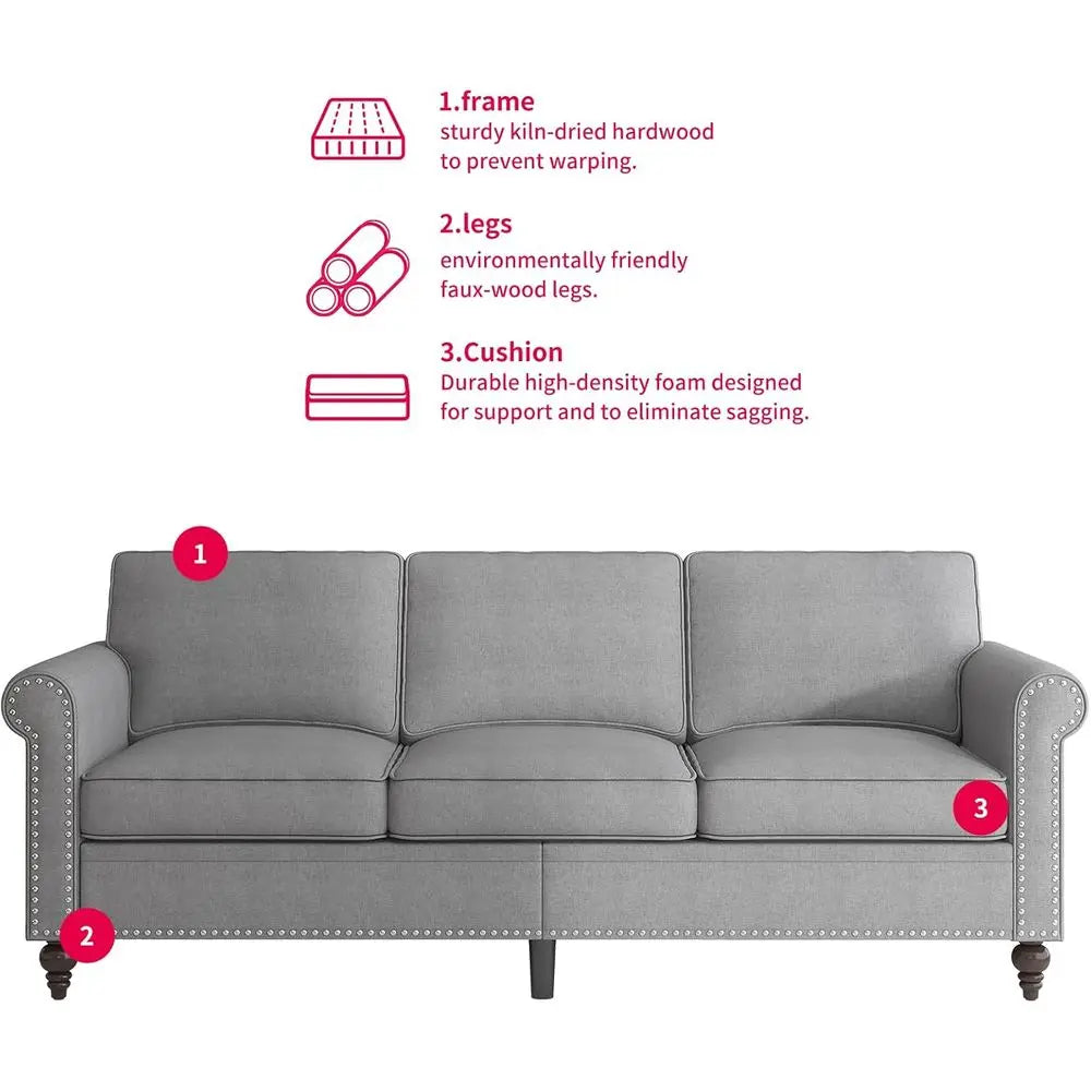 3-Piece Linen Sofa Set With Nailhead Trim Modern Living Room Furniture