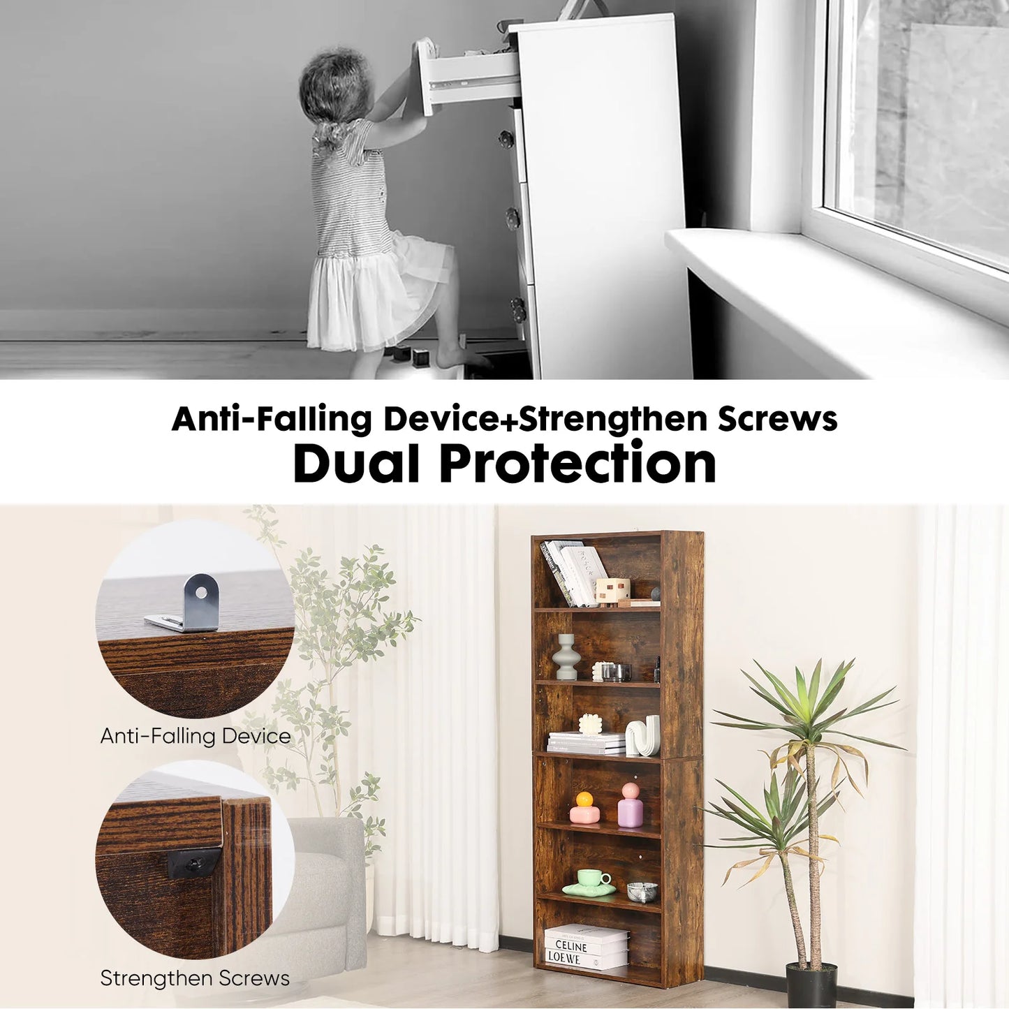 JHK Six Tier Wooden Bookcase Floor Standing Shelving Unit Living Room Home Office