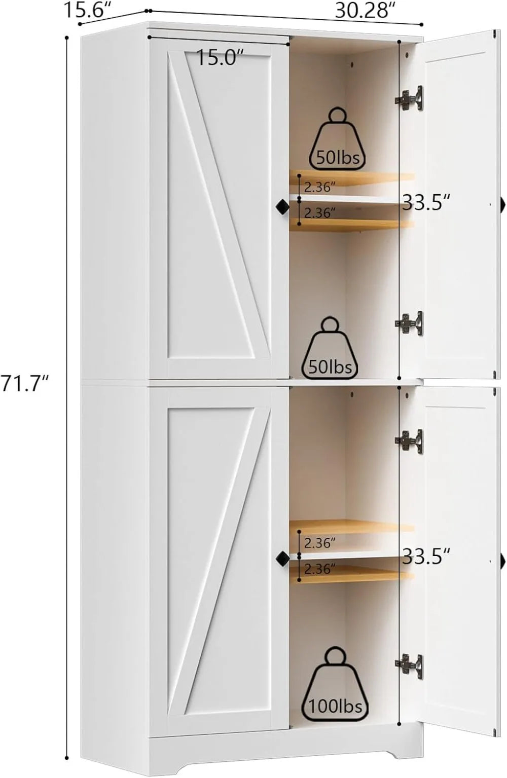 Farmhouse Kitchen Pantry Cabinet With Four Barn Doors And Adjustable Shelves
