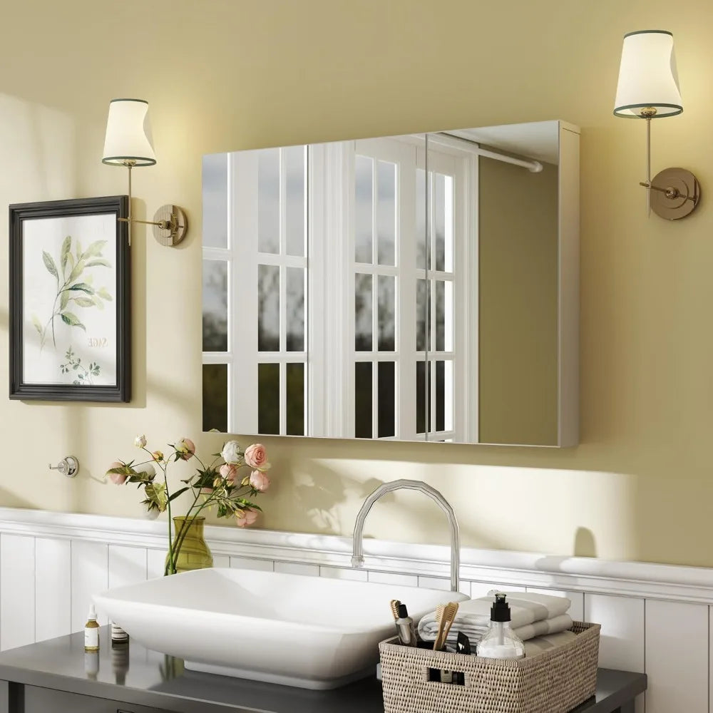 Medicine Cabinet With Three Mirrored Doors And Adjustable Shelves