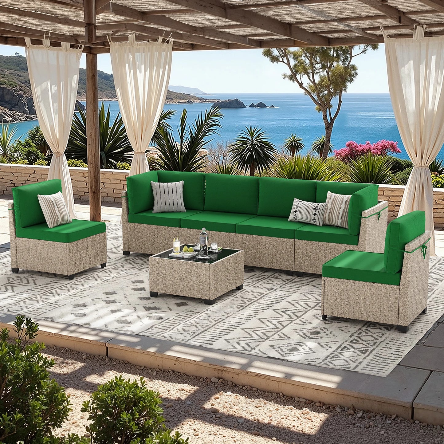Soohow 7 Piece Outdoor Patio Furniture Set Rattan Glass Table