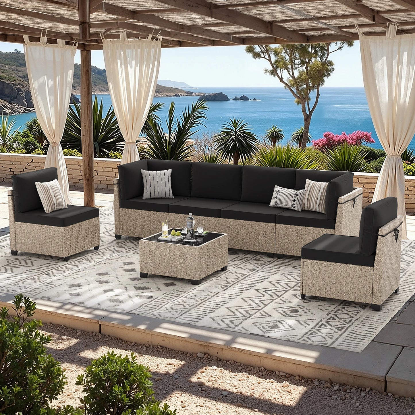 Soohow 7 Piece Outdoor Patio Furniture Set Rattan Glass Table
