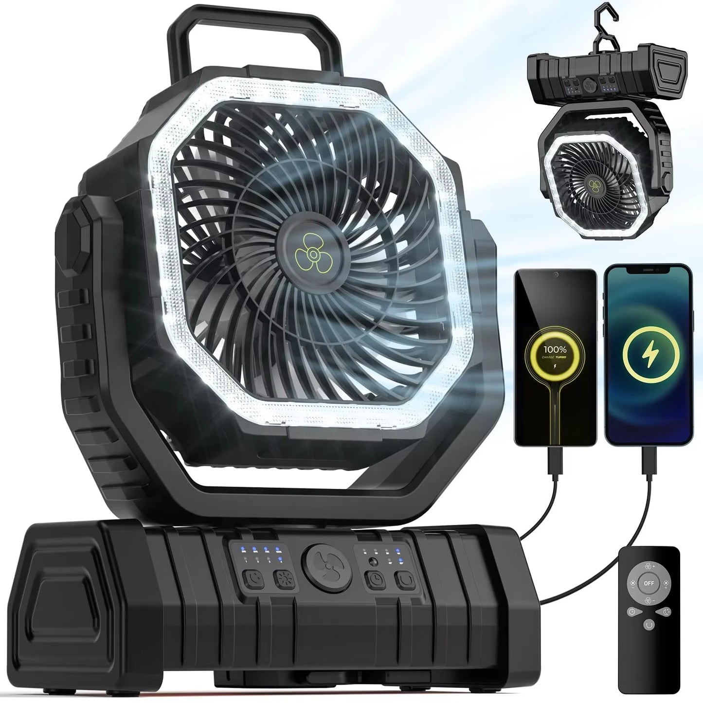 Camping Fan 20000mAh Rechargeable Battery Powered With LED Light
