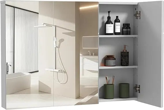 Medicine Cabinet With Three Mirrored Doors And Adjustable Shelves