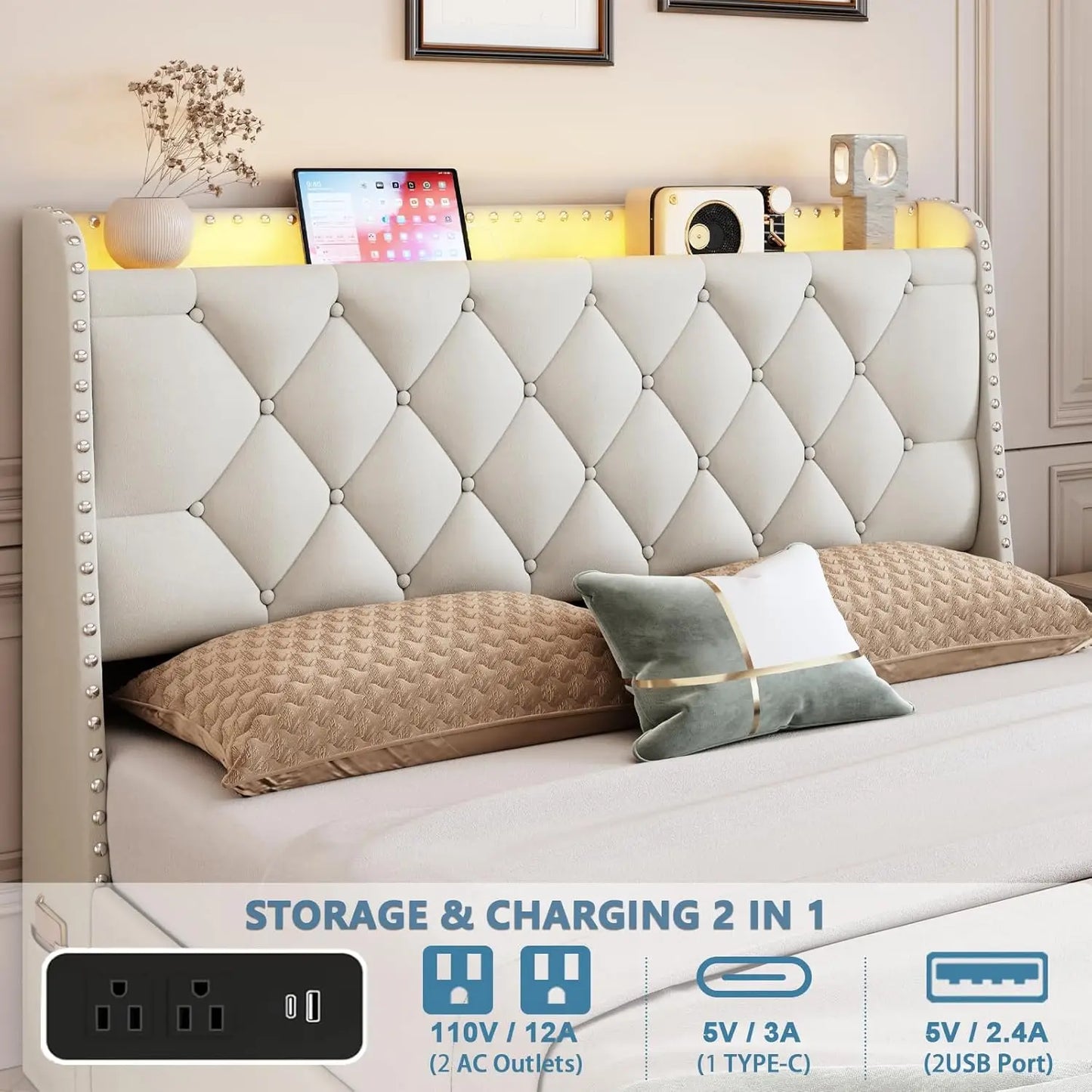 Queen Bed Frame With Storage Headboard LED USB Charging
