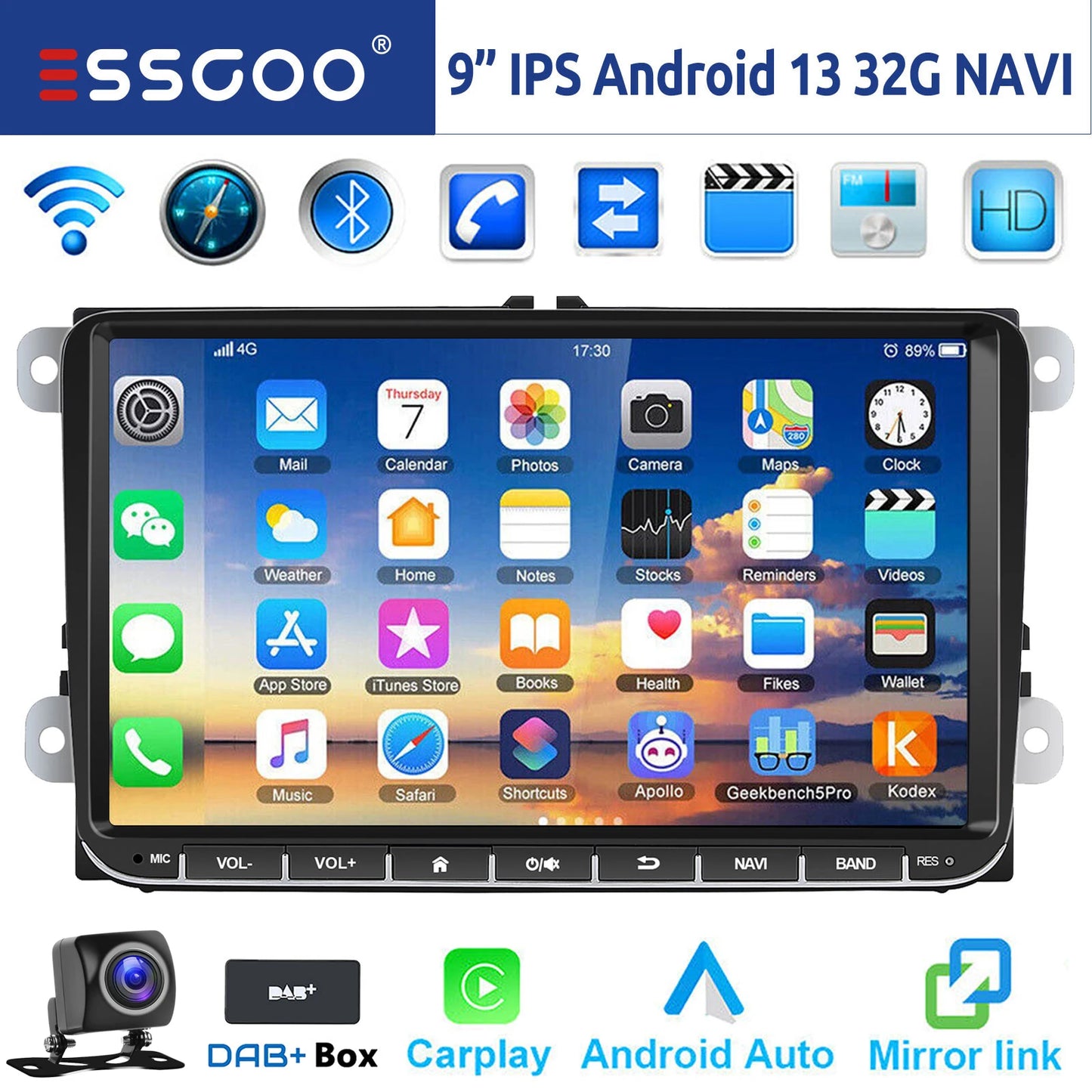 ESSGOO 9 Inch Android Car Stereo with CarPlay GPS Bluetooth for VW