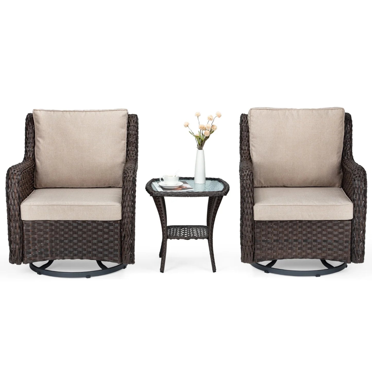 HiMISS Outdoor Wicker Swivel Rocker Patio Set With Cushions