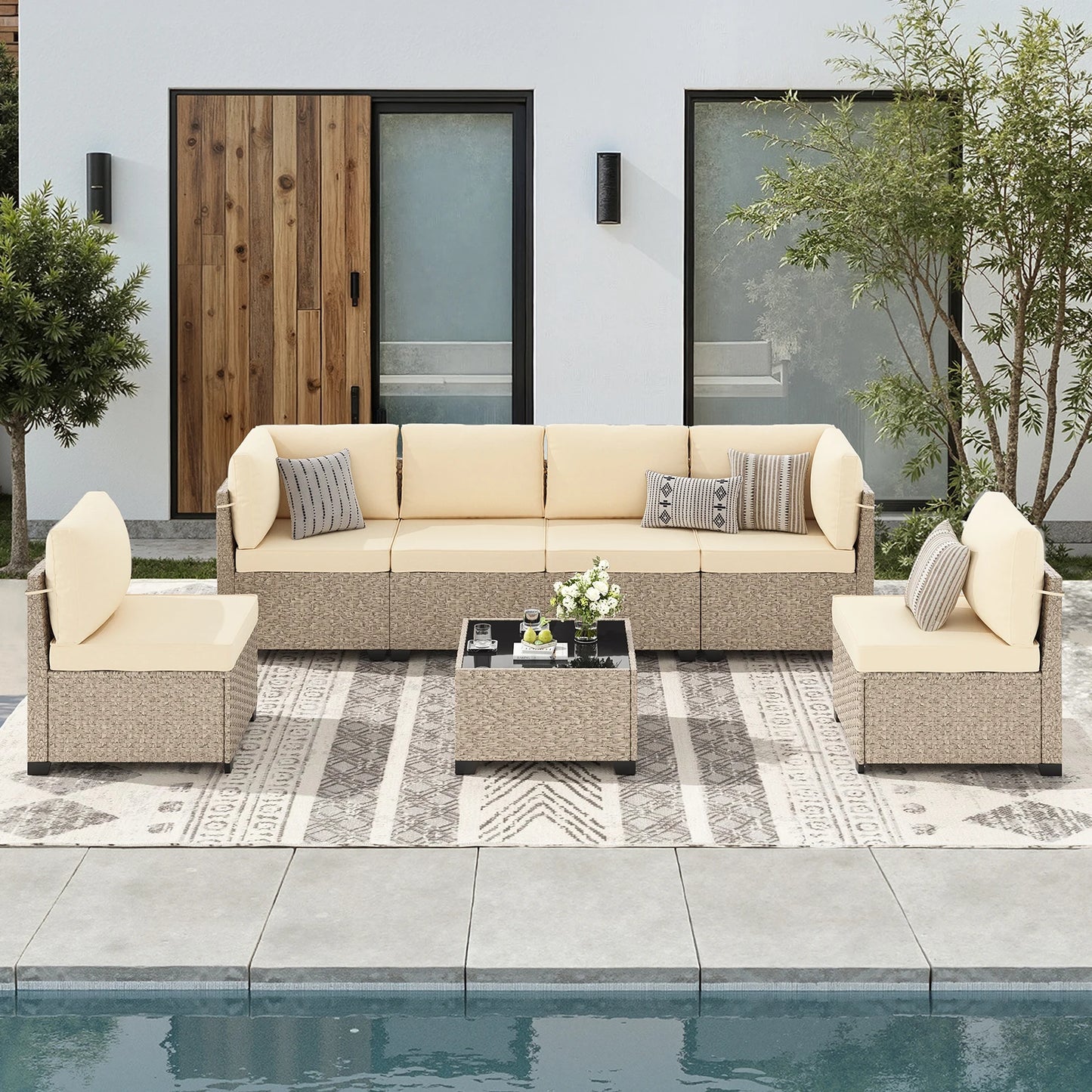 Soohow 7 Piece Outdoor Patio Furniture Set Rattan Glass Table