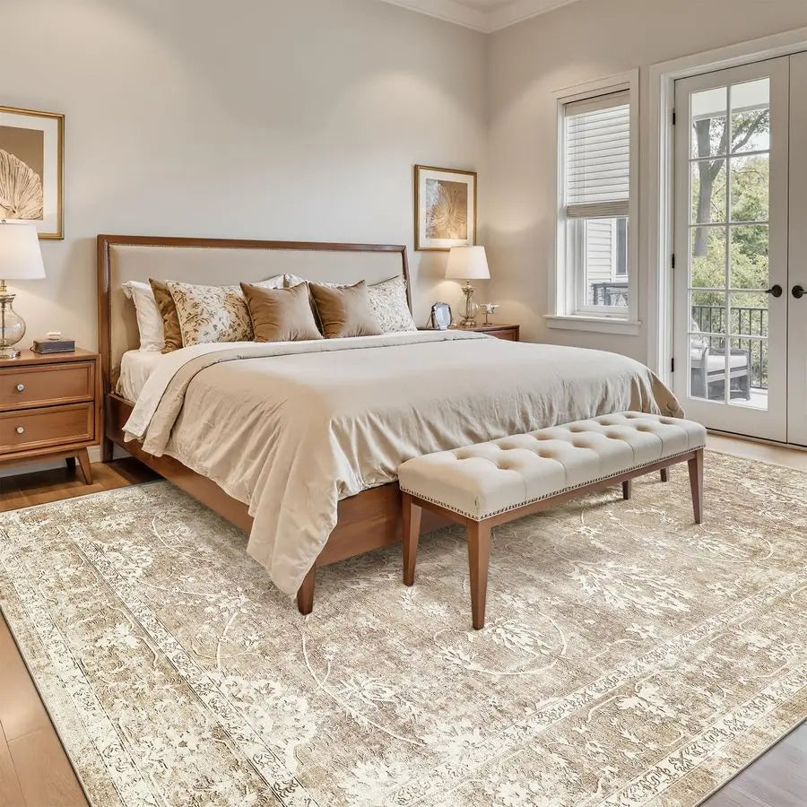 Machine Washable Vintage Natural Area Rug With Non Slip Backing
